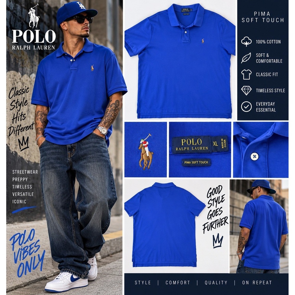 Polo Ralph Lauren Pima Soft Touch Polo Shirt Men XL Blue Oversized Streetwear